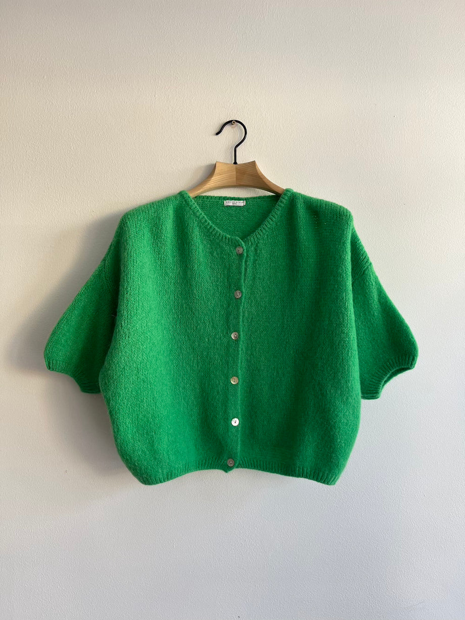 Cropped Sleeve Mohair Cardigan Emerald Green Fox Feather