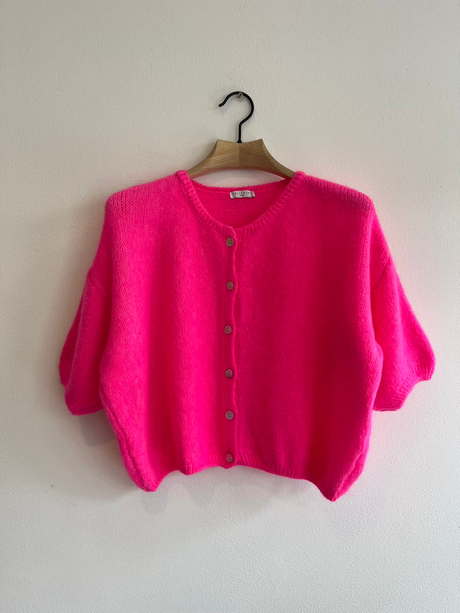 Neon Pink Cropped Sleeve Mohair Cardigan Fox Feather